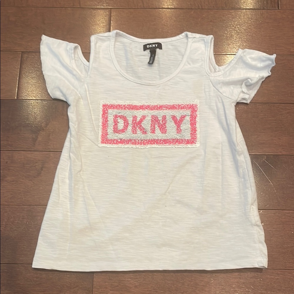 DKNY White Top with Pink sequin flip Logo